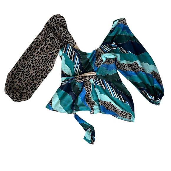 Hutch Anthropologie Women’s Oli Blue Leopard Mixed Print Long Sleeve Wrap Blouse - Picture 7 of 13